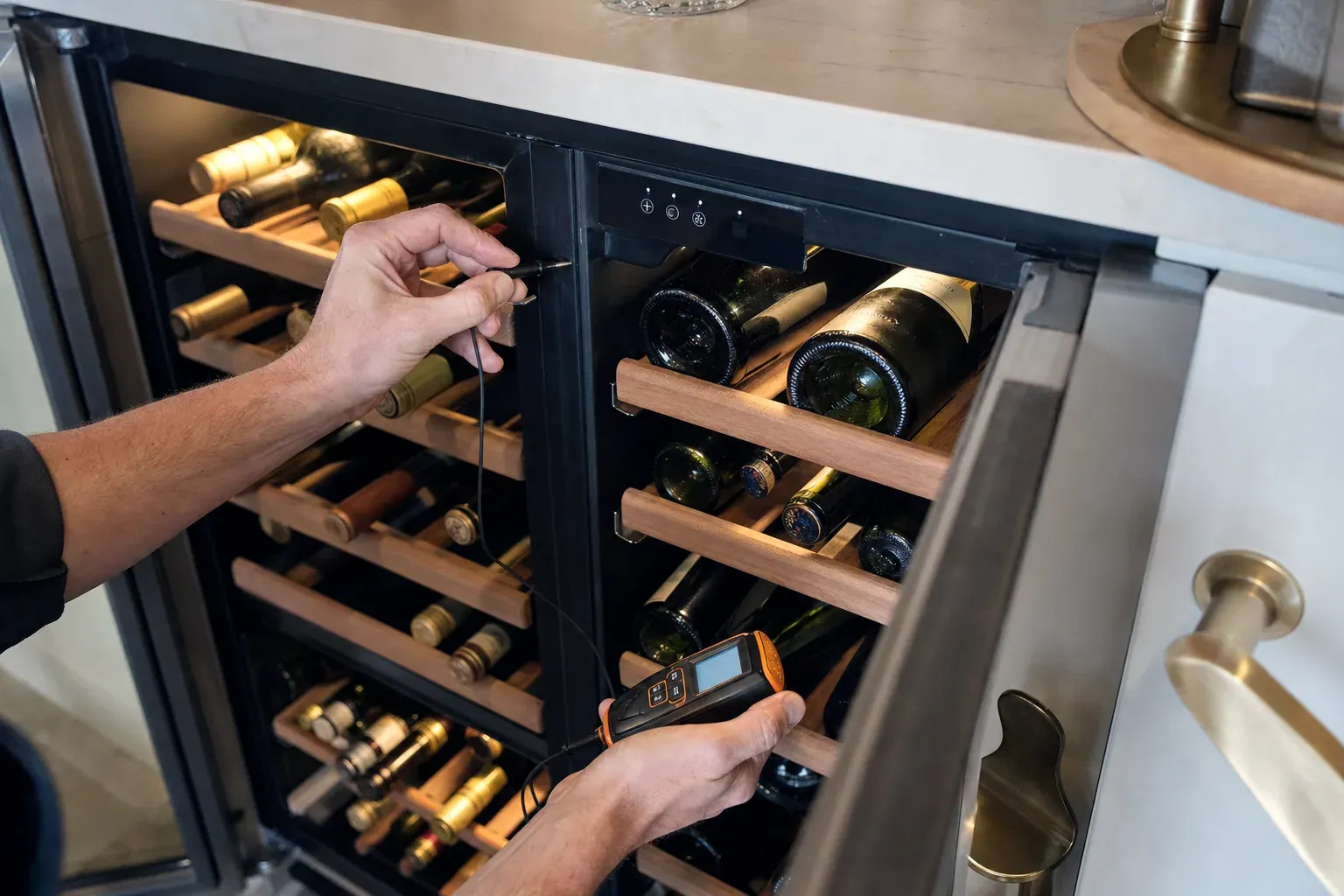 Technician placing a temperature probe inside a wine cooler with wood racks