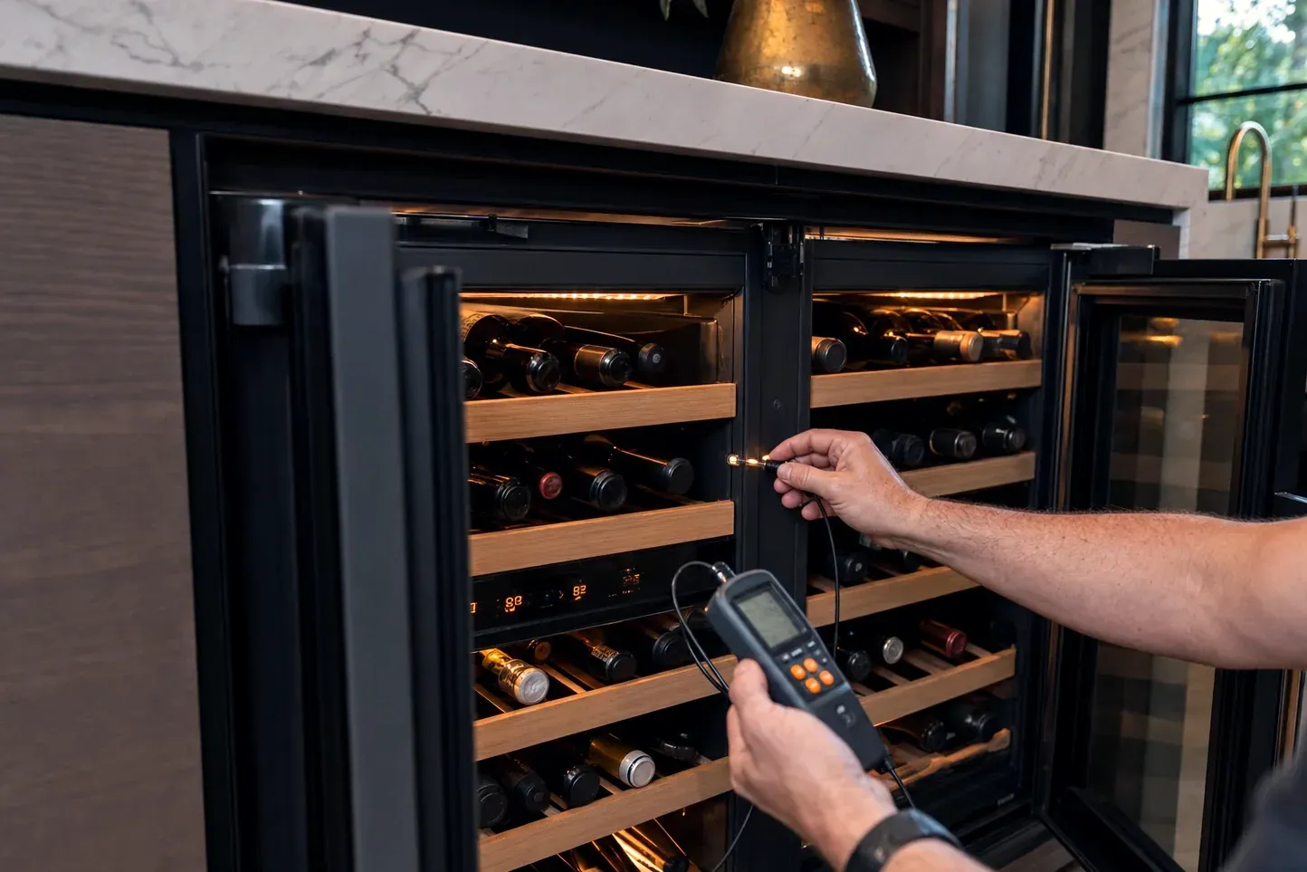 Technician measuring temperature in a dual-zone wine cooler with lit racks