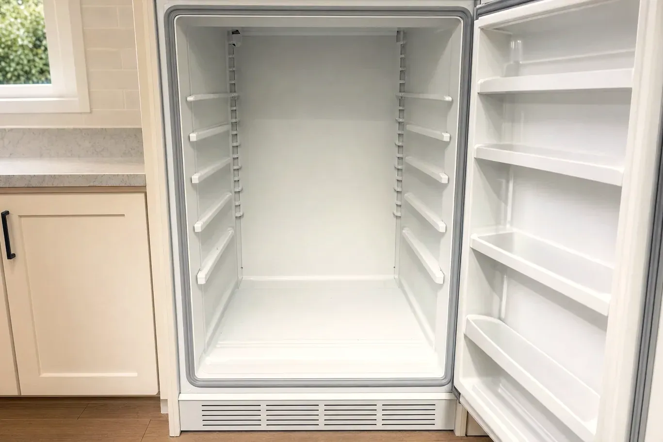 Open all-refrigerator column, empty shelves and door bins, base vent grille