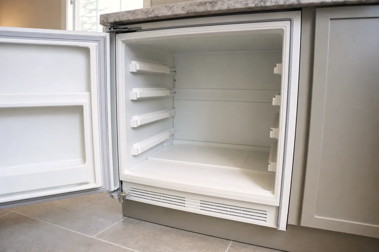 Open empty undercounter refrigerator with white liner and shelf supports