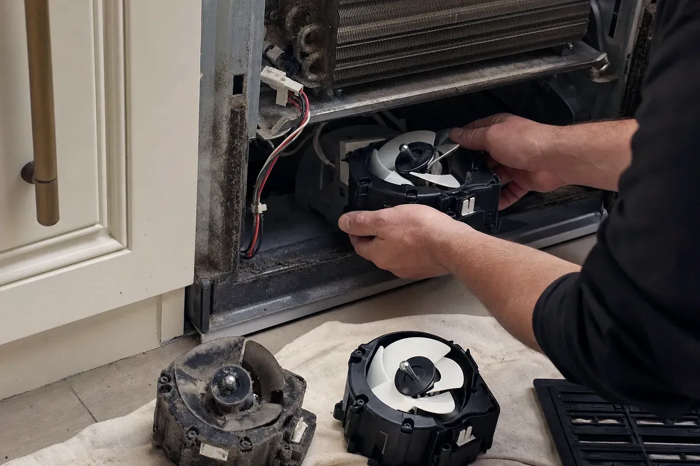 Technician swapping a condenser fan motor with old dusty part on cloth