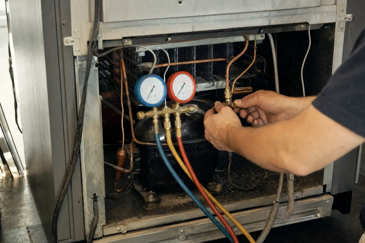 Manifold gauges connected to a refrigerator compressor at the open machine compartment