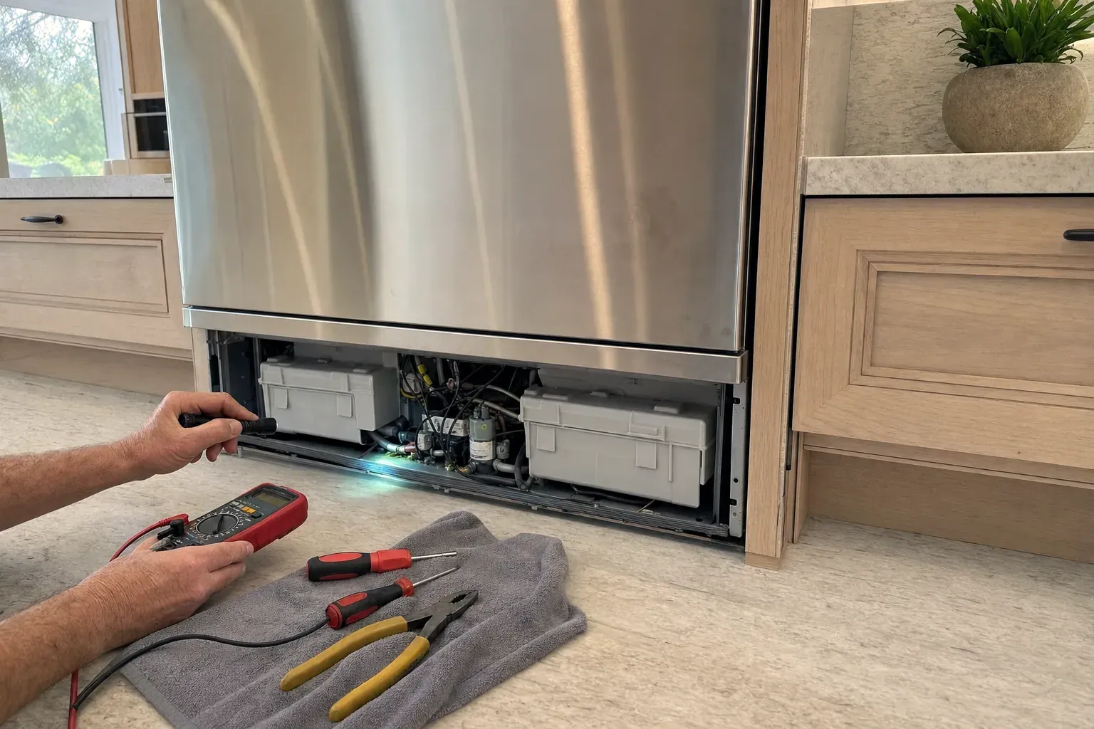 Multimeter, screwdrivers and pliers on a towel by an open refrigerator base