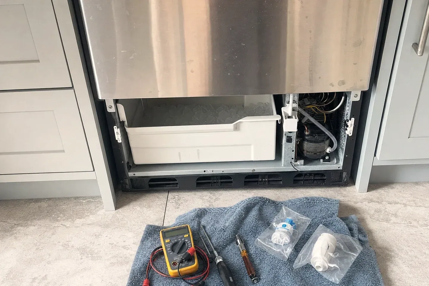 Undercounter ice maker with full ice bin open, tools on towel