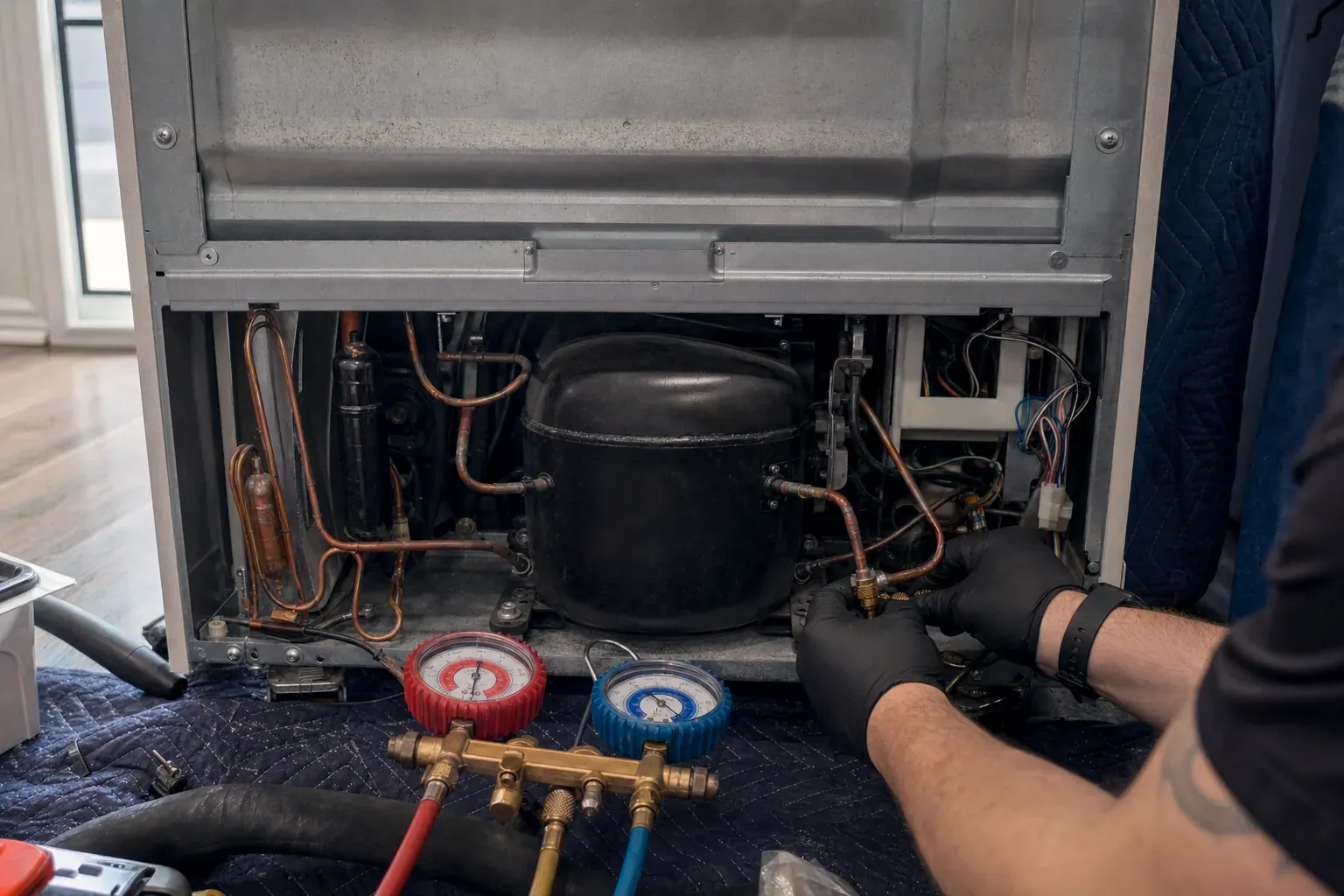 Gloved hands at a refrigerator compressor with manifold gauges on a mat