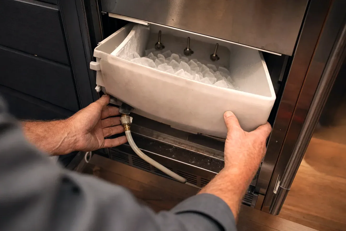 Hands removing an ice bin full of cubes from an ice maker