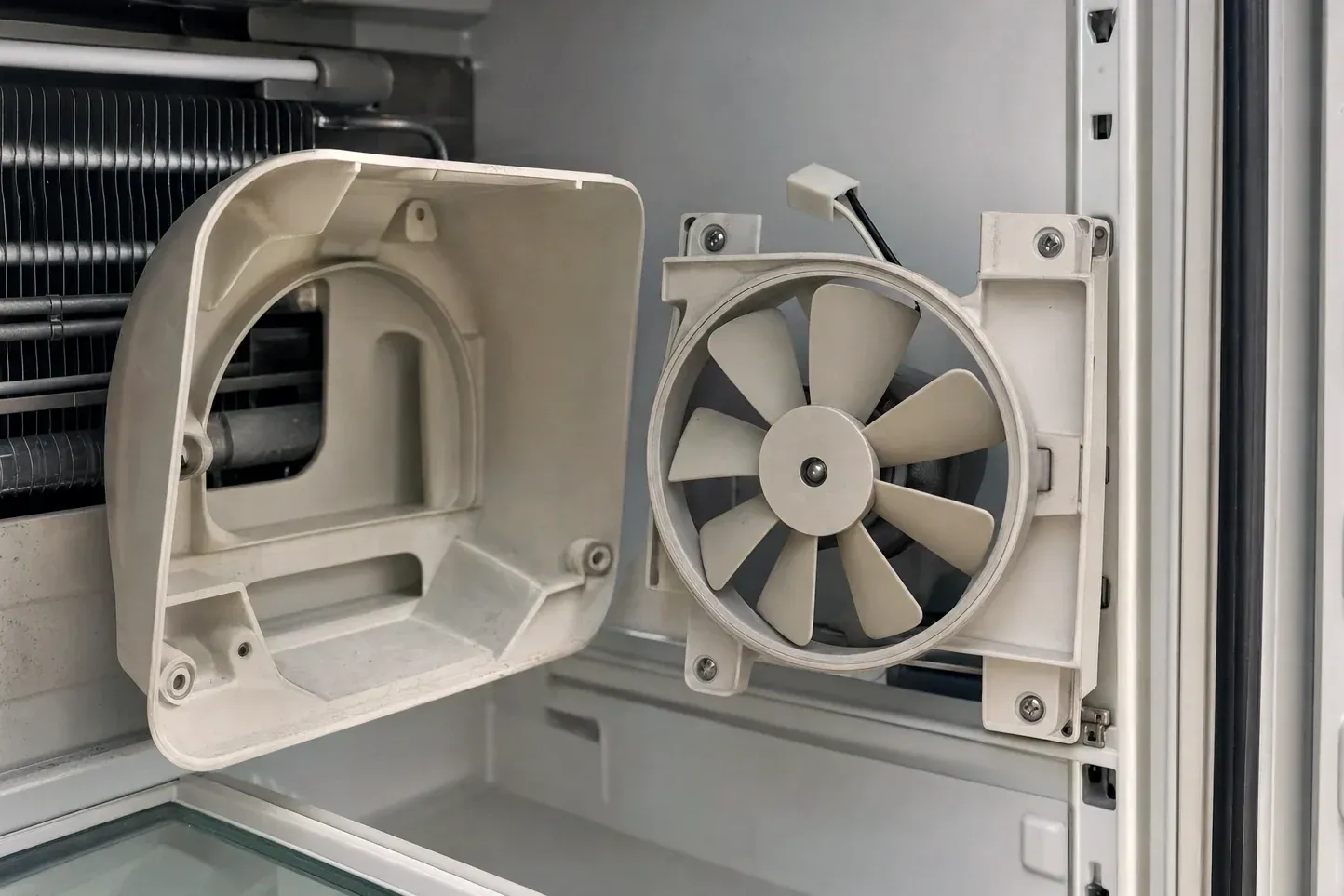 Evaporator fan blade and removed shroud inside a freezer compartment