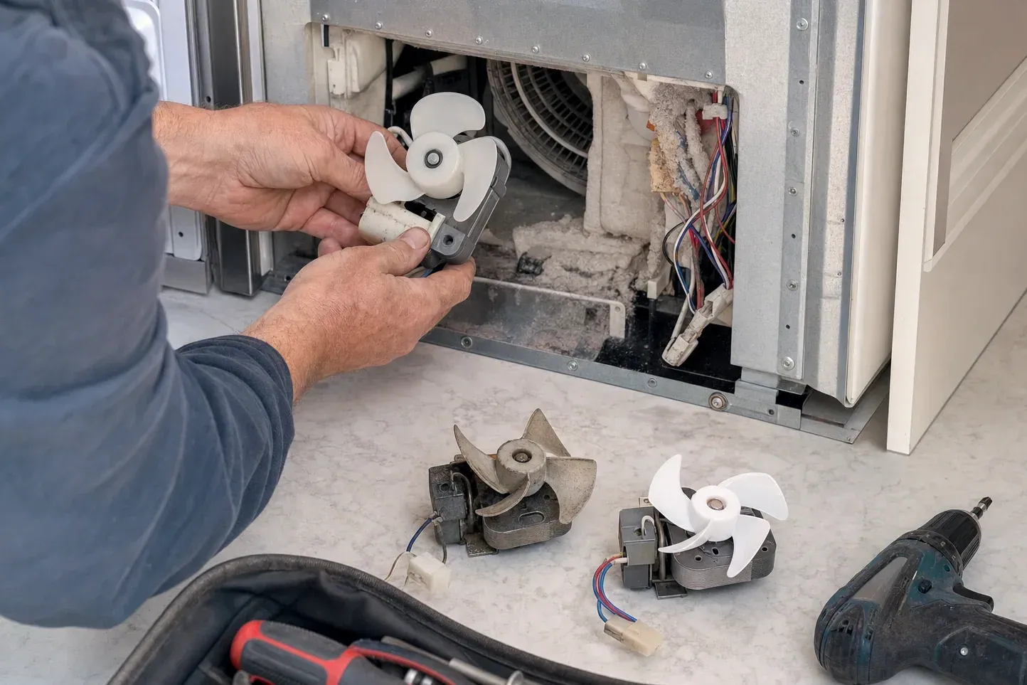 Technician holding a fan motor beside an open refrigerator base, two spare motors on the floor