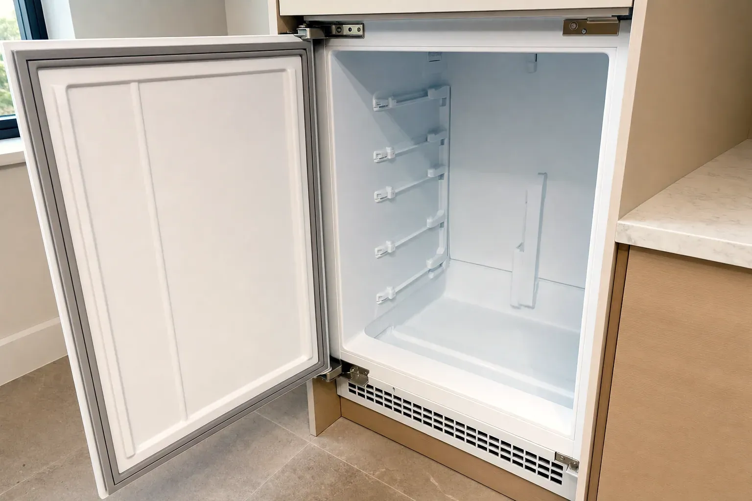 Open undercounter refrigerator with bare white interior and door shelf rails
