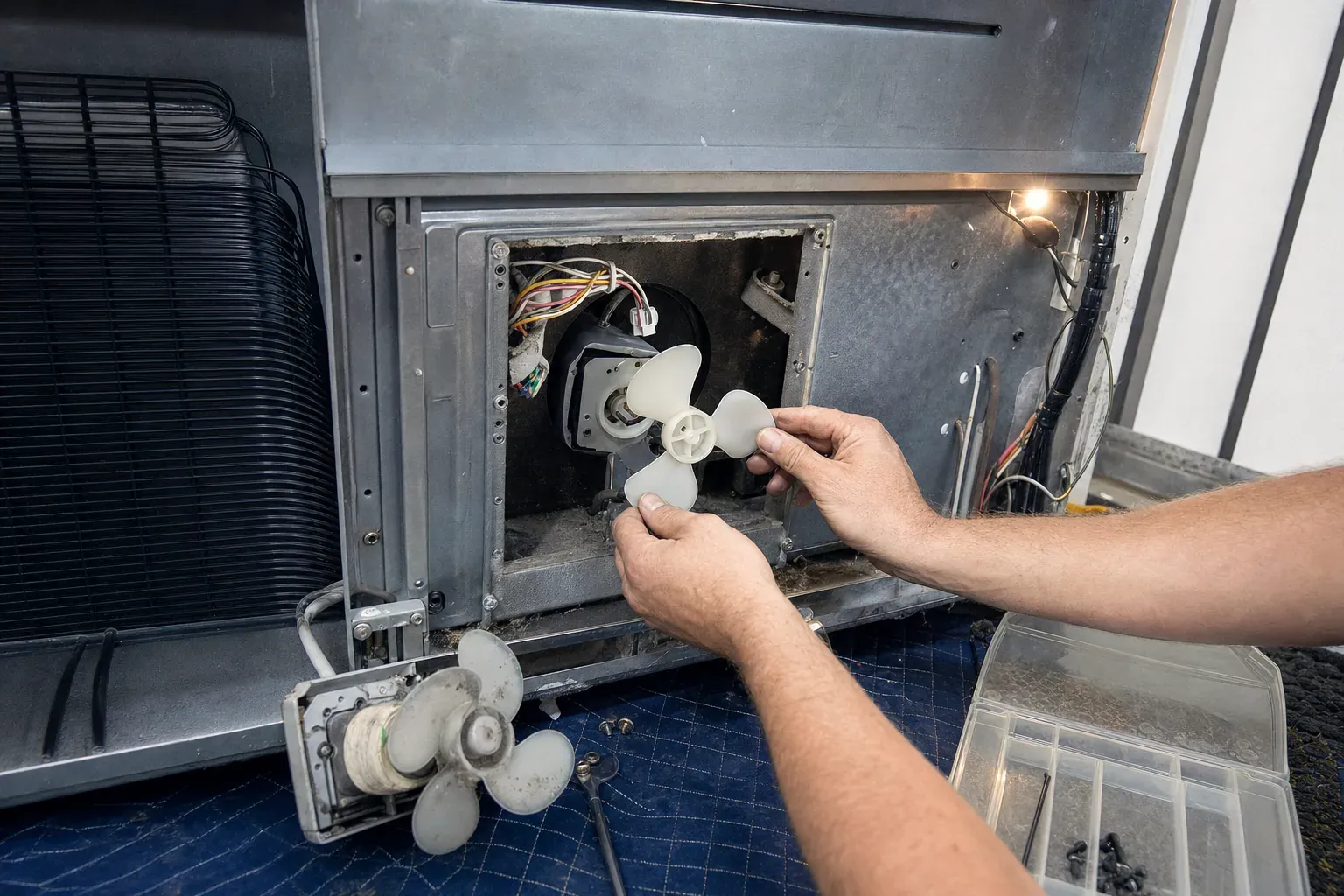 Hands fitting a plastic fan blade onto a motor inside an opened appliance panel