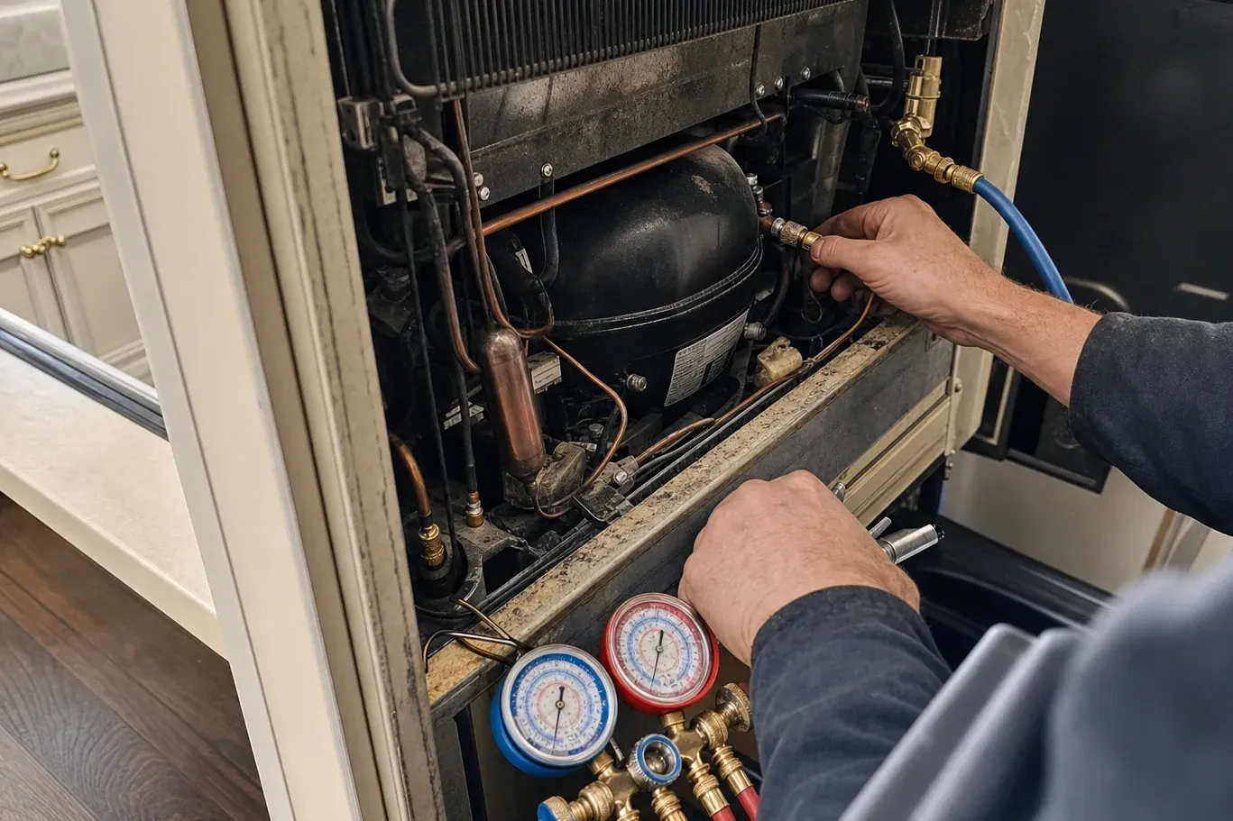 Hands working on copper lines at a refrigerator compressor with gauges on the floor