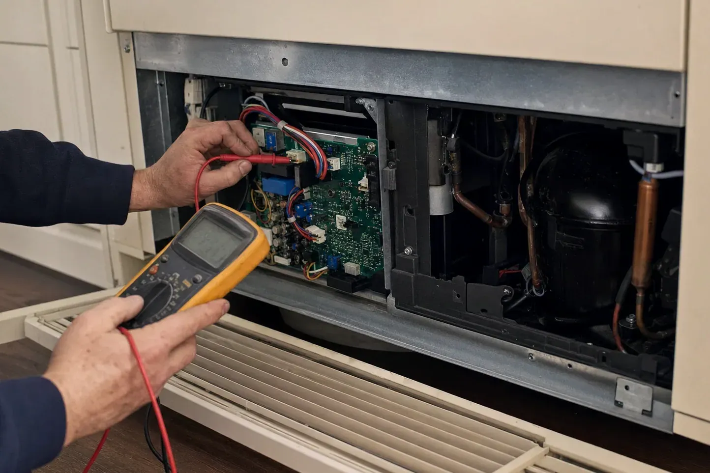 Multimeter testing control board beside compressor in lower compartment