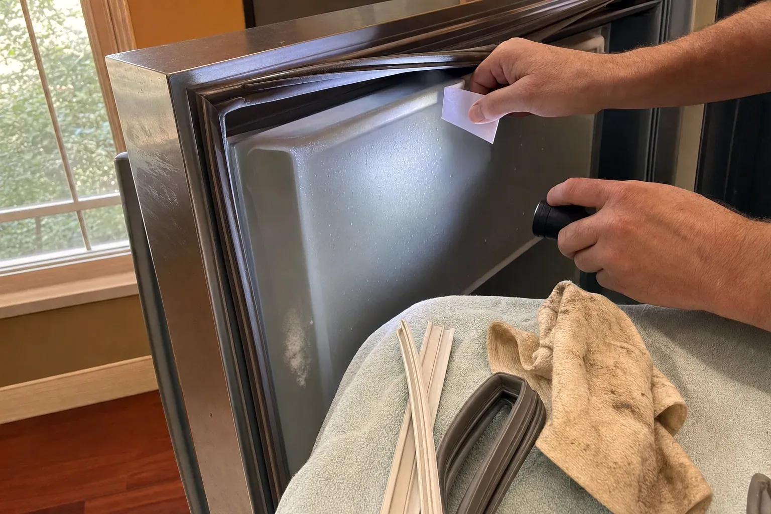 Technician peeling back a door gasket with replacement gasket and cloth nearby