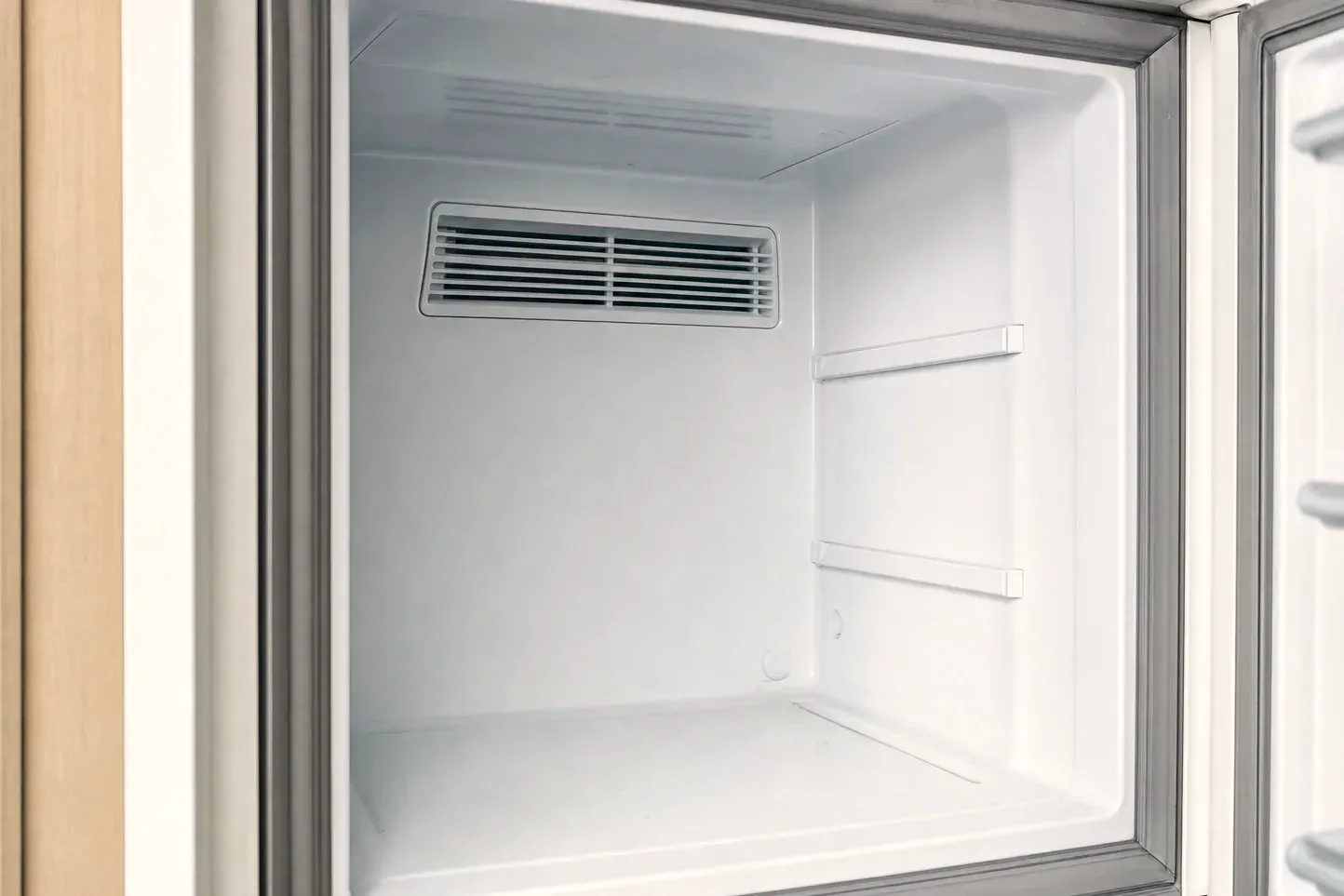 Empty freezer compartment with air vent grille and two shelf supports