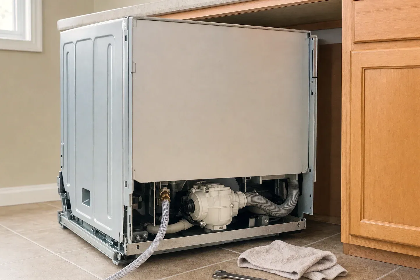 Dishwasher rolled out of its opening showing water inlet line and pump