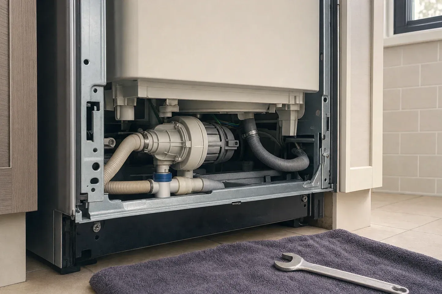 Close view of a dishwasher pump motor, hoses and drain fitting under the tub
