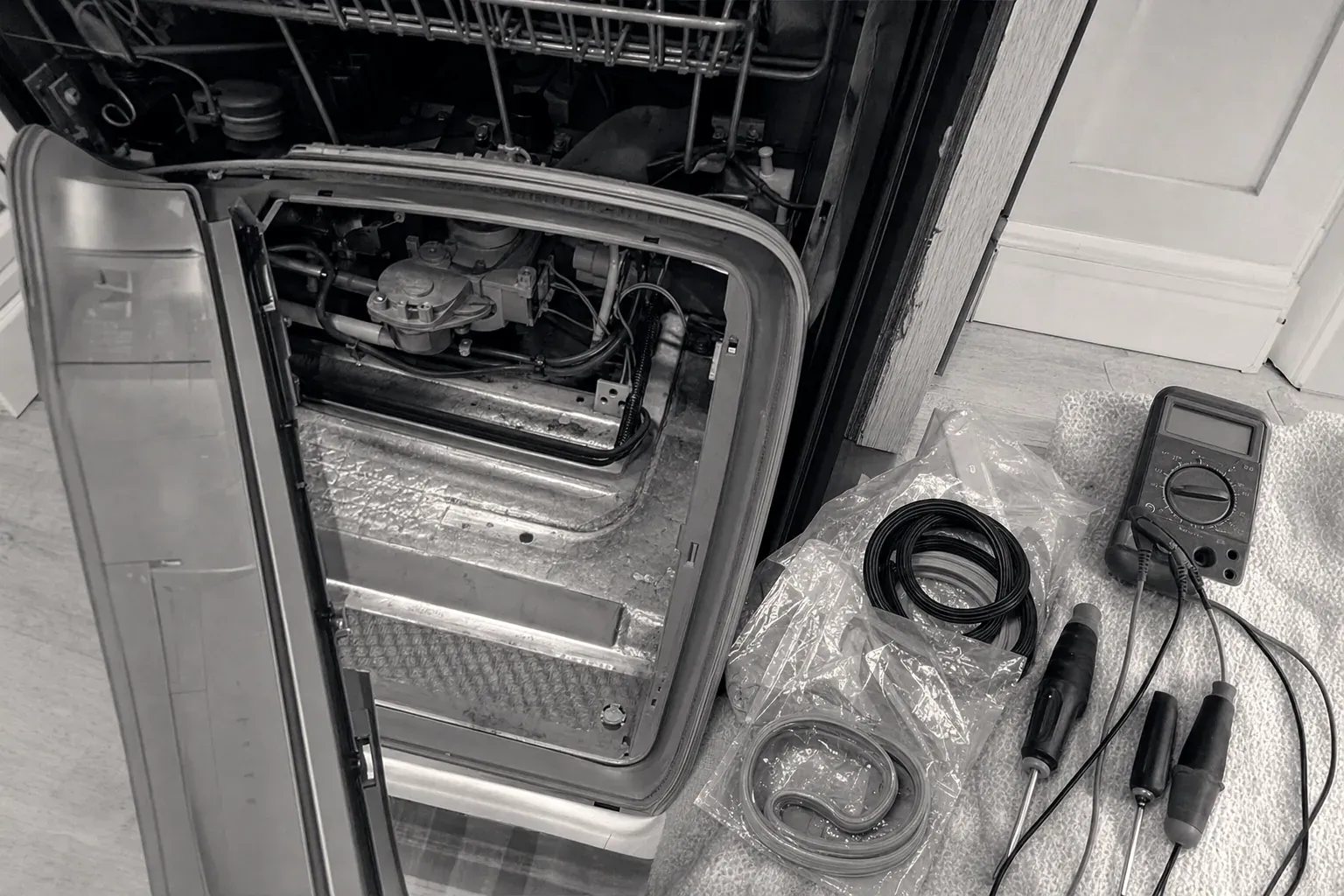 Open dishwasher door with inner panel removed beside a multimeter and door gasket