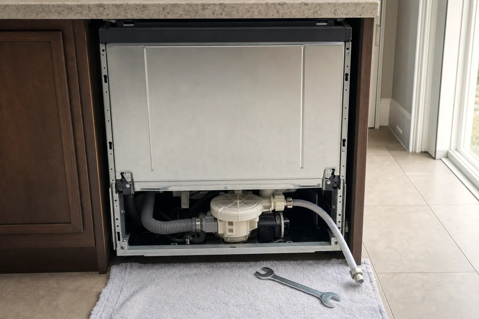 Dishwasher pulled forward showing sump, drain hose and braided supply line