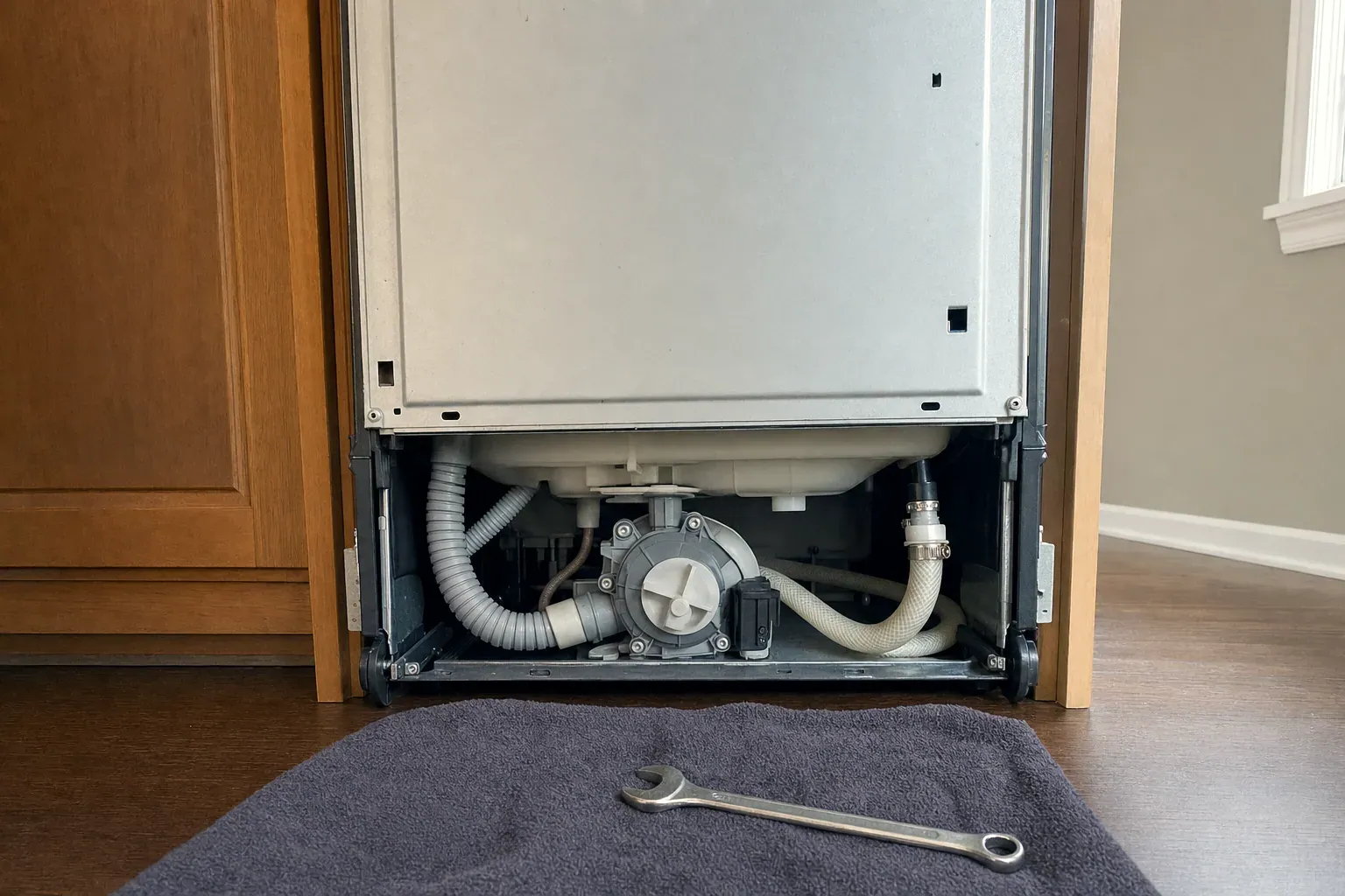 Dishwasher with kick plate removed showing drain pump and hoses