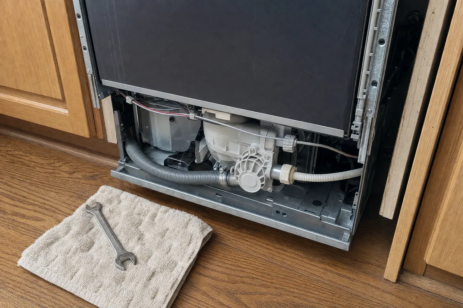 Dishwasher pulled from cabinet with circulation pump, motor and drain hose exposed
