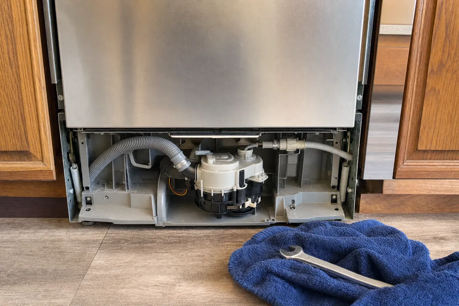 Underside of a dishwasher with wash pump and corrugated drain hose visible