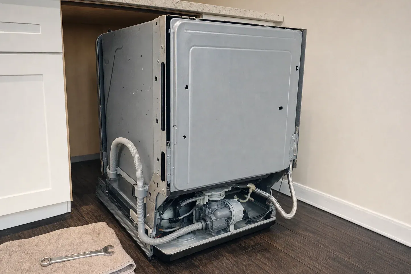 Dishwasher pulled fully out of cabinet showing side panel, pump and hoses