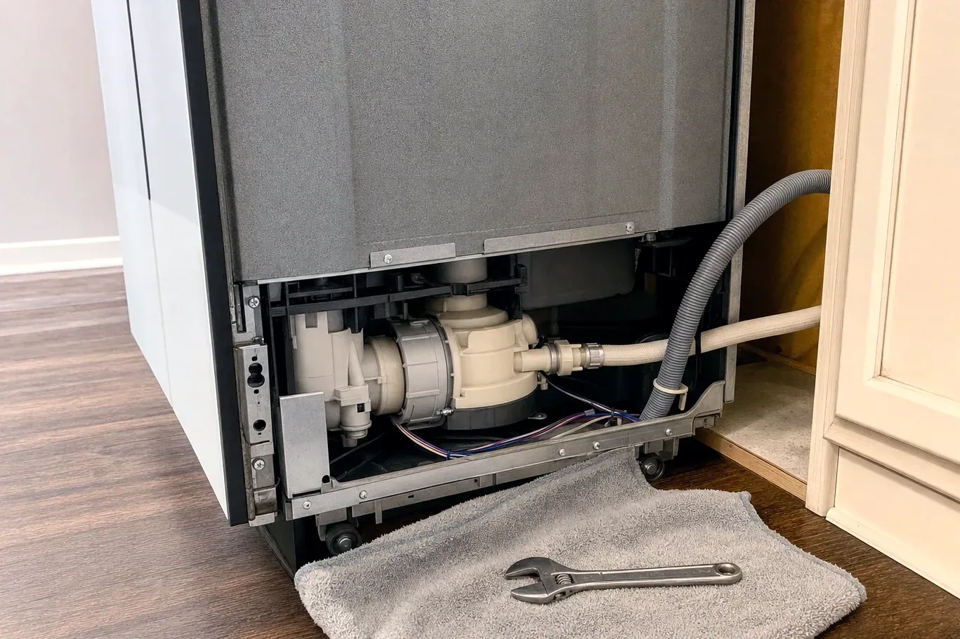 Dishwasher base showing pump assembly, wiring harness and drain hose