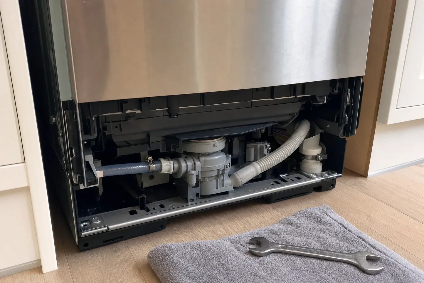Stainless dishwasher with lower panel off showing pump and drain hose