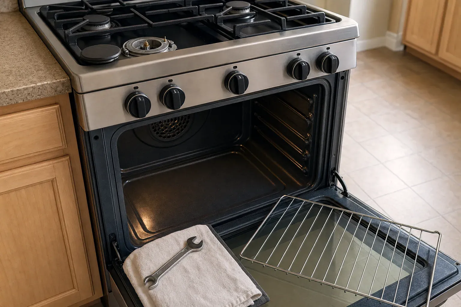 Open oven cavity with rack out and wrench on folded towel