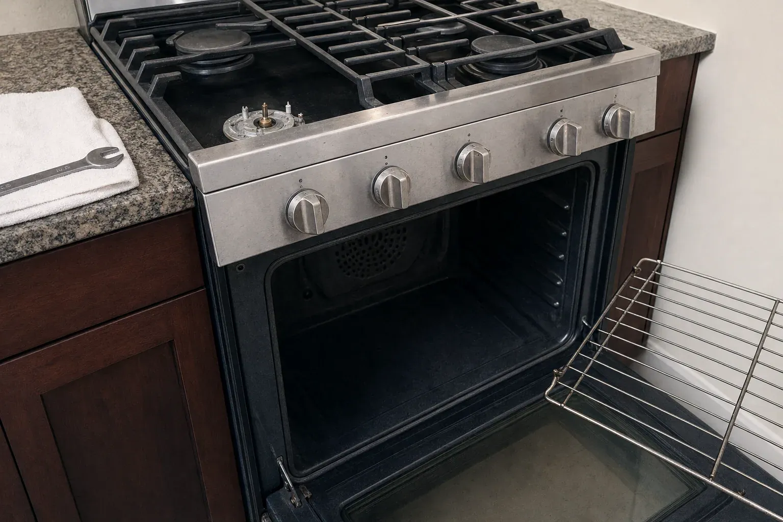 Gas range with burner assembly exposed, oven open, rack leaning against wall