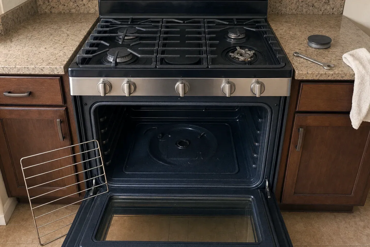 Gas range oven open showing bottom burner plate, rack out, wrench on counter