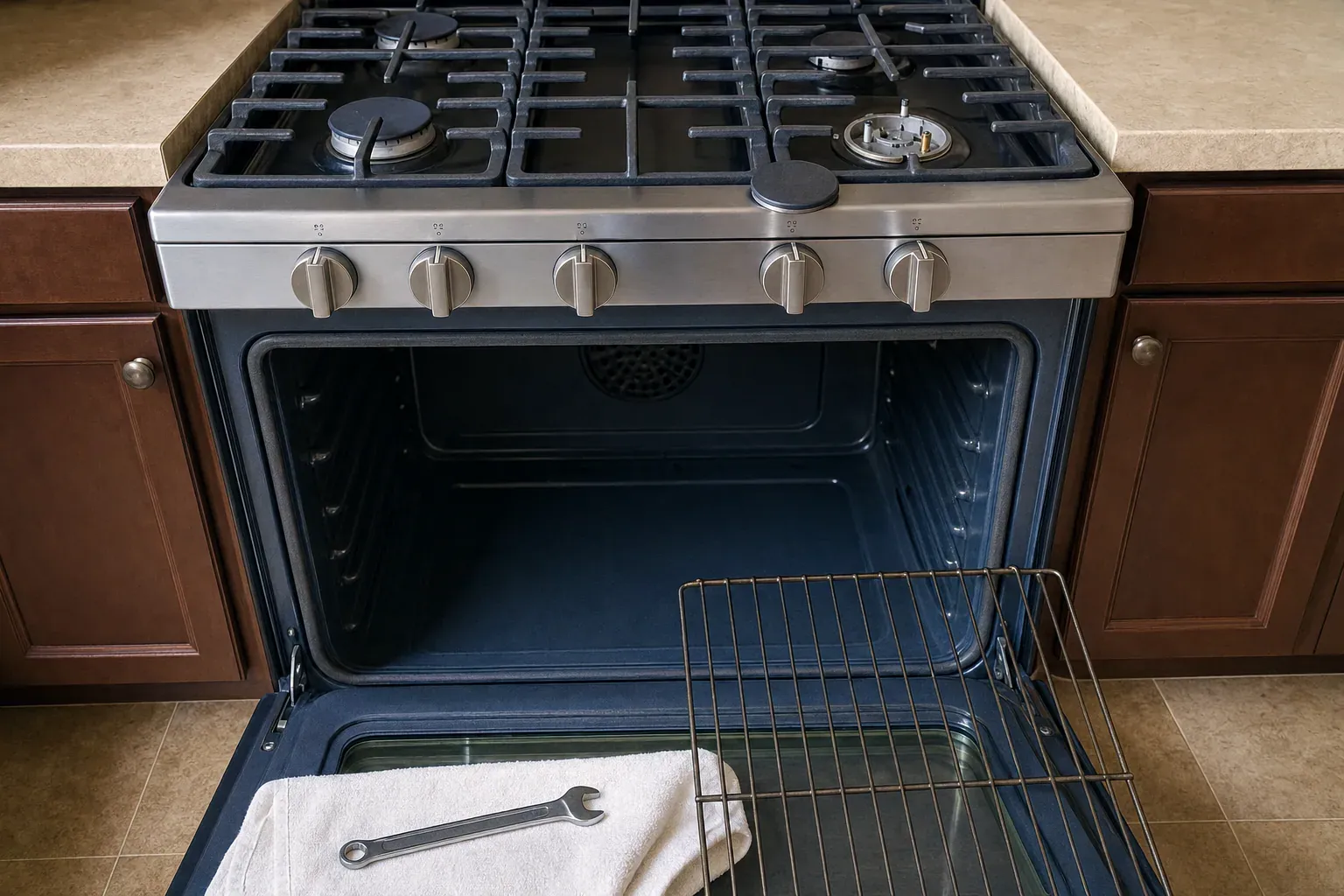 Gas range open oven with rack and wrench on towel