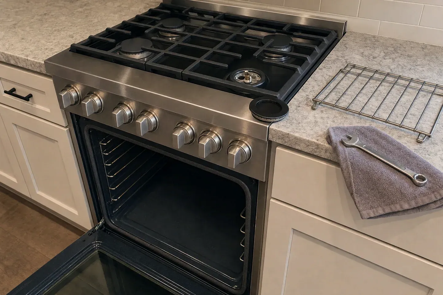 Stainless gas range with open oven, rack and wrench on counter