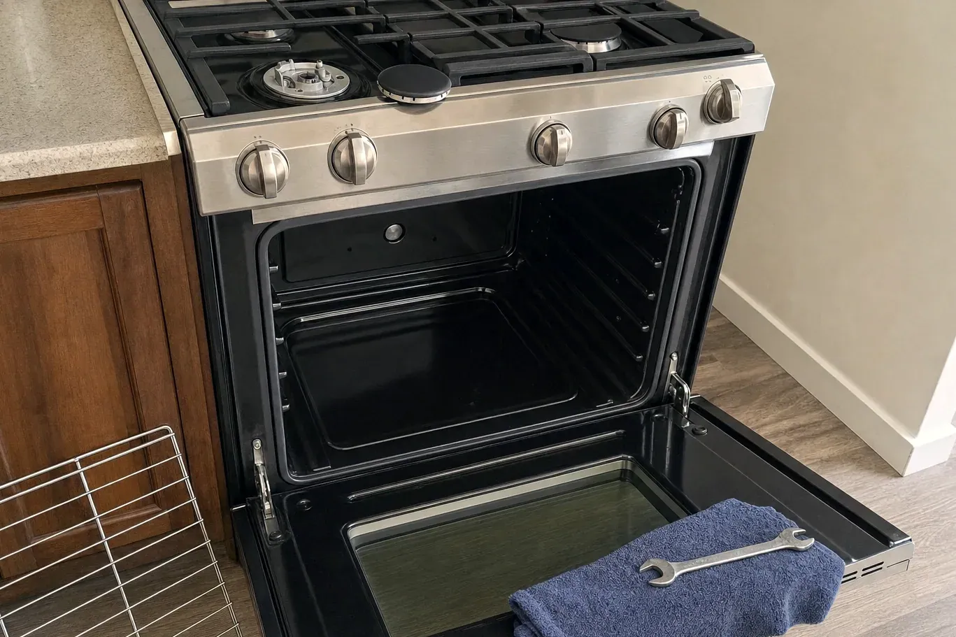 Black and stainless gas range with oven open and rack removed