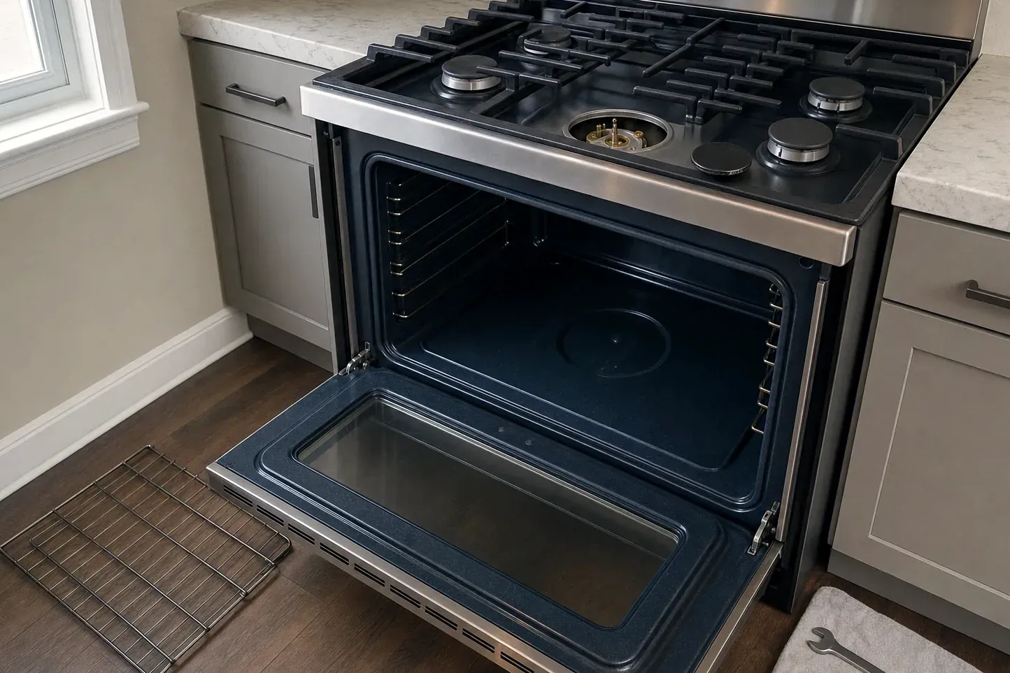 Gas range oven door open in grey kitchen, rack on wood floor