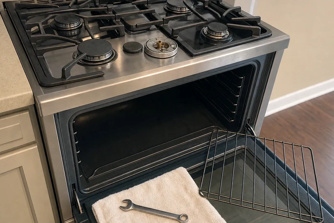 Gas cooktop with burner cap off and oven door open, rack out