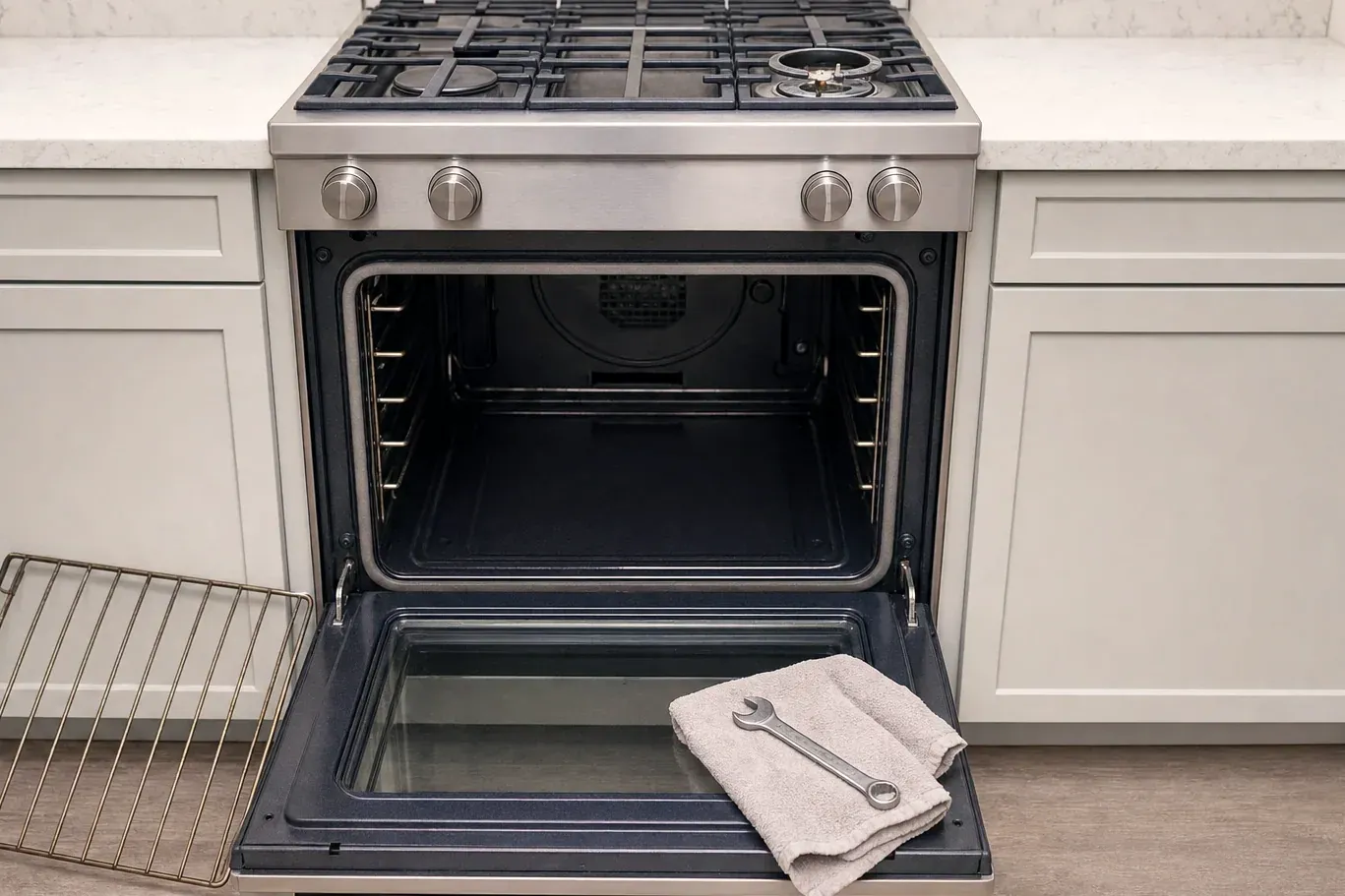 Open oven cavity with rear fan cover, wrench and towel on door