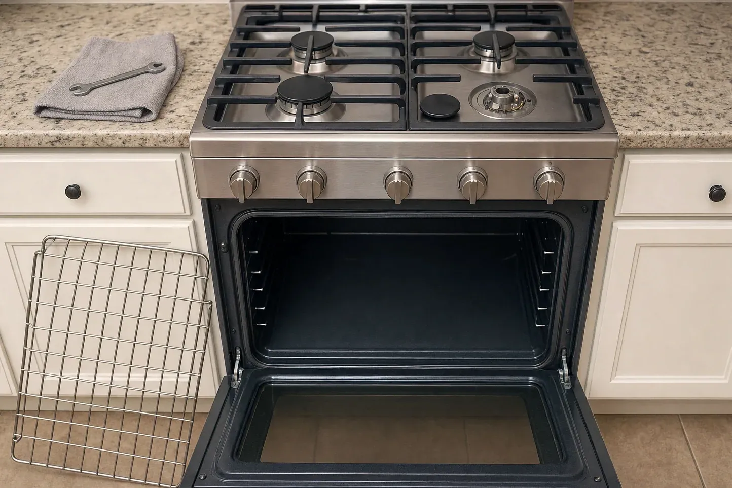 Gas range with open empty oven and rack leaning against cabinet
