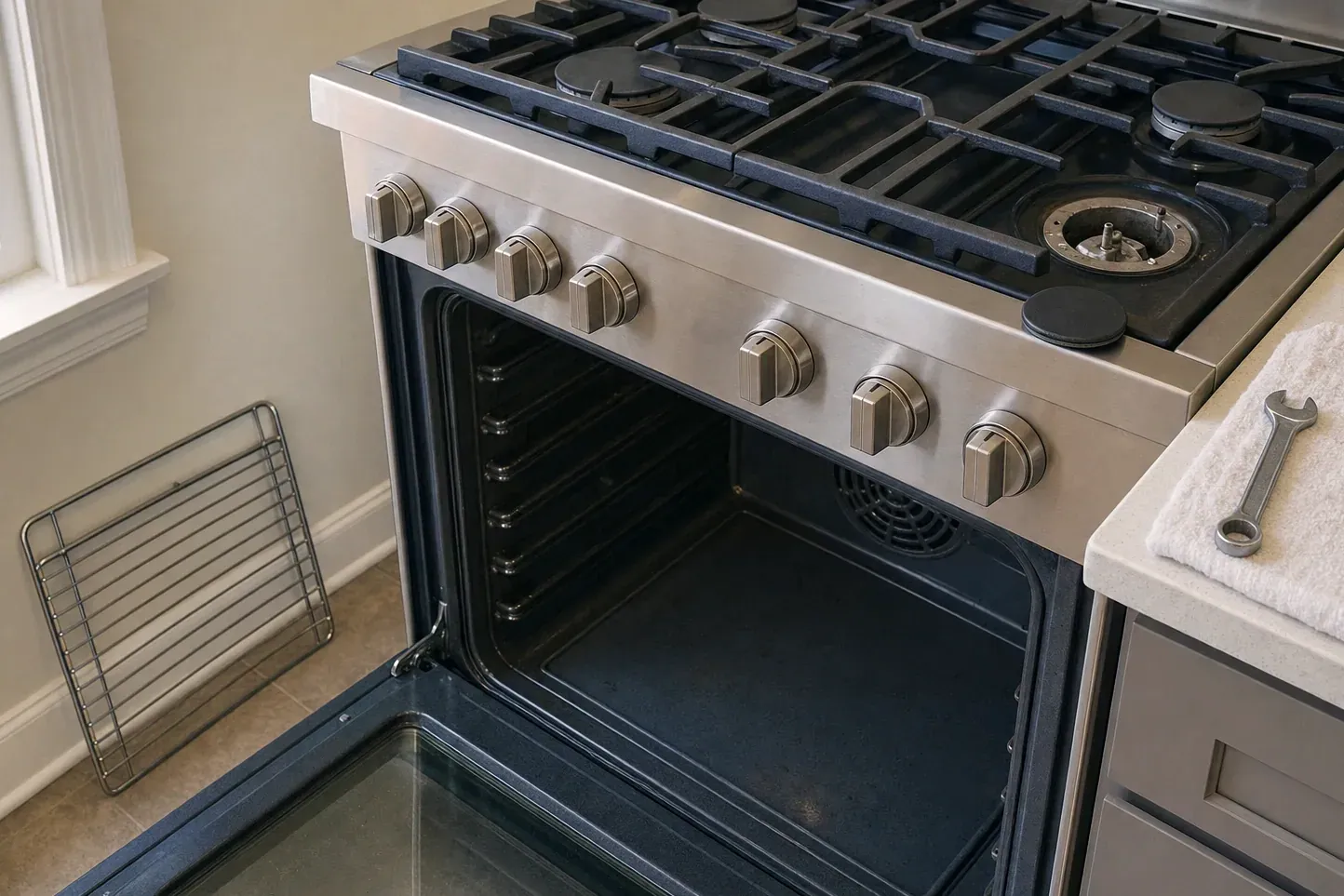 Stainless gas range with knobs, open oven and rack leaning nearby
