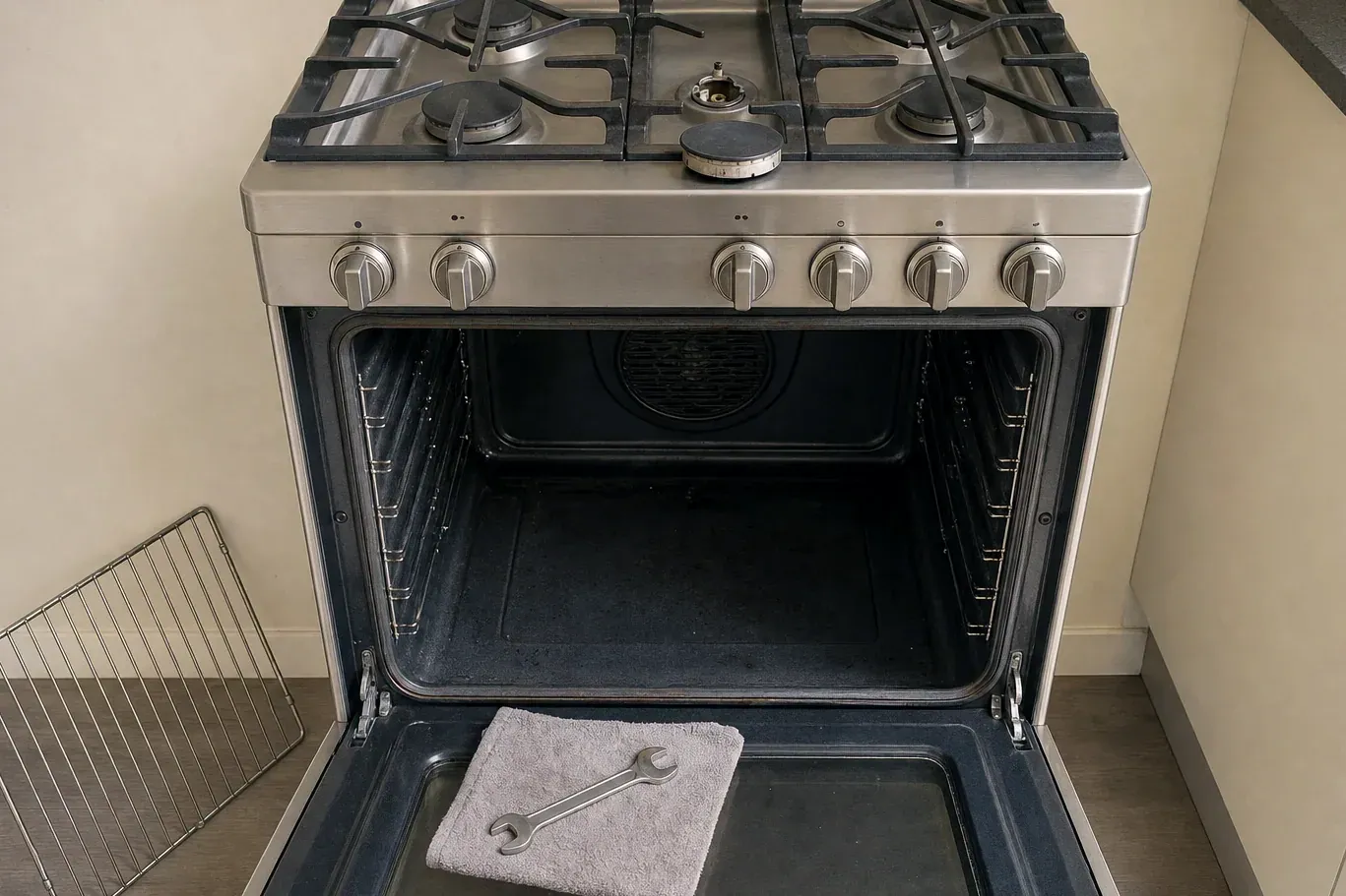 Stainless freestanding gas range, oven open, wrench on folded towel