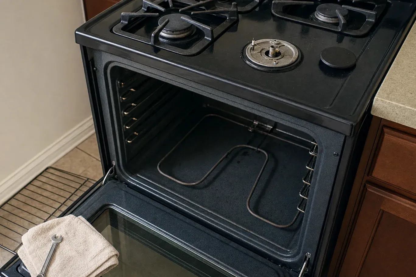 Black gas range with open oven showing bake element inside