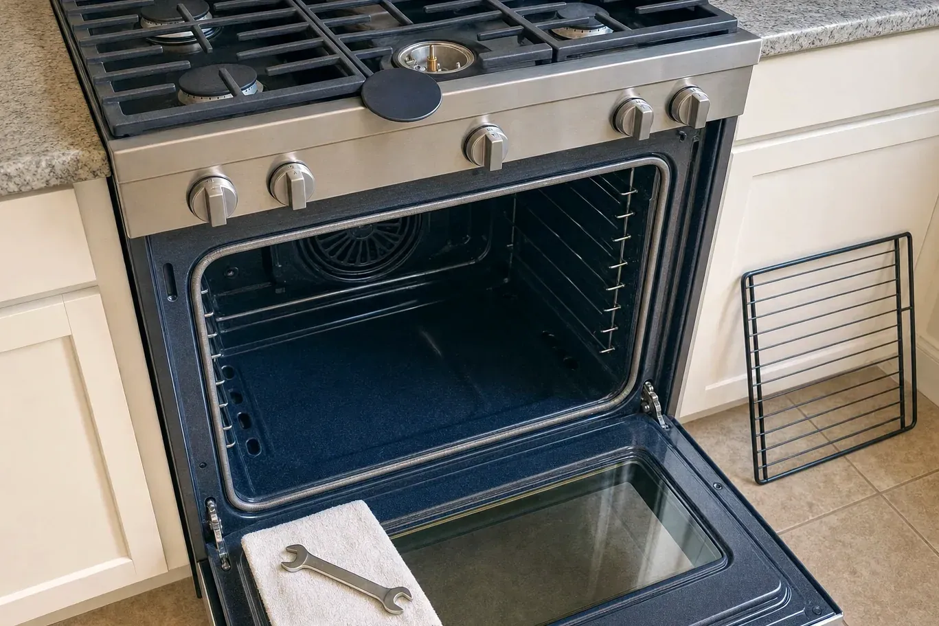 Open oven showing convection fan cover, rack leaning against cabinet