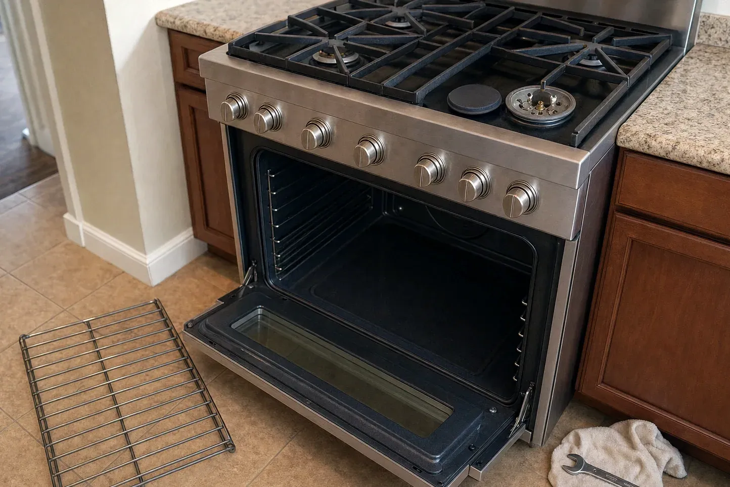 Stainless gas range with door open, burner cap off and rack removed