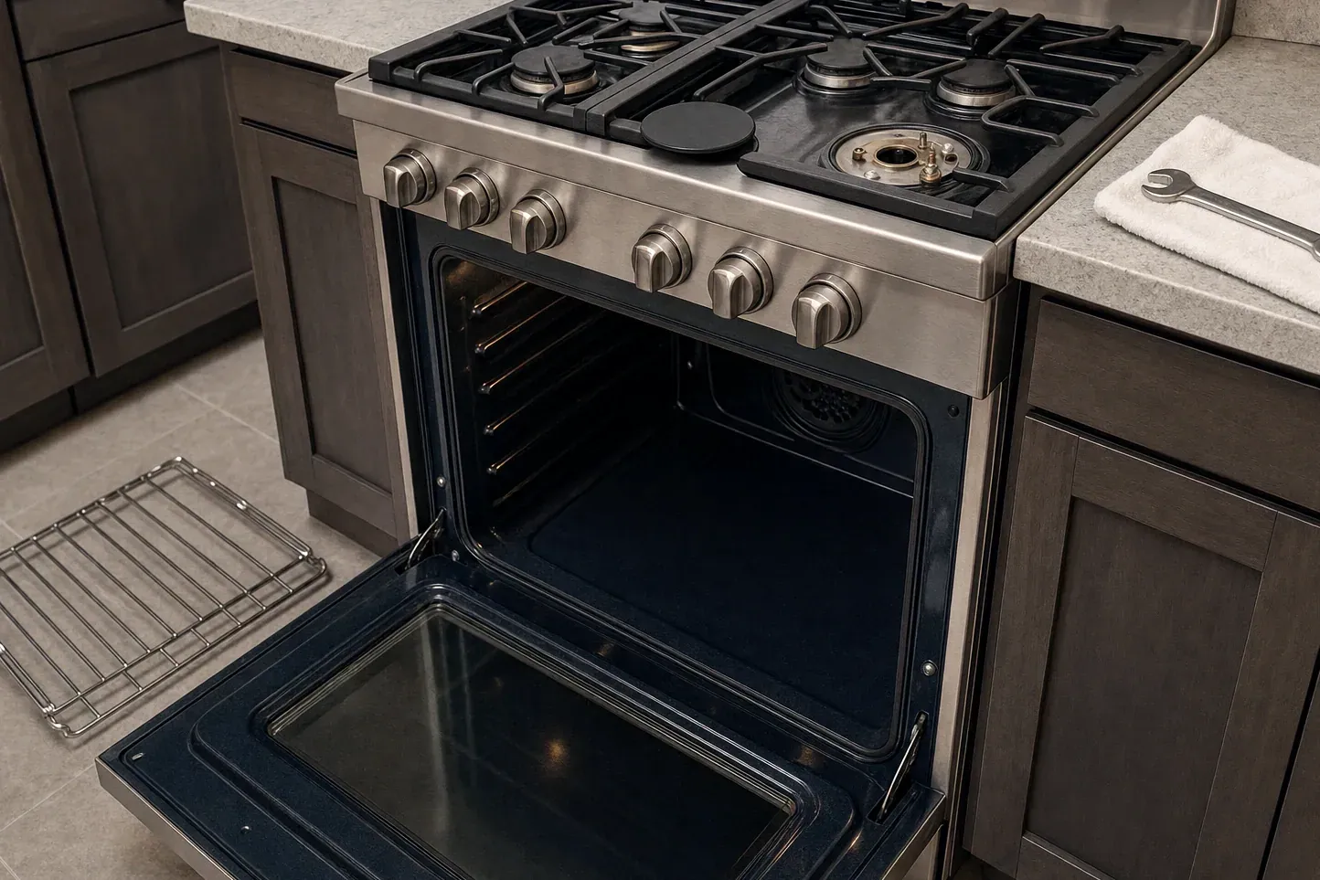 Gas range with open oven, convection cover visible and rack on floor