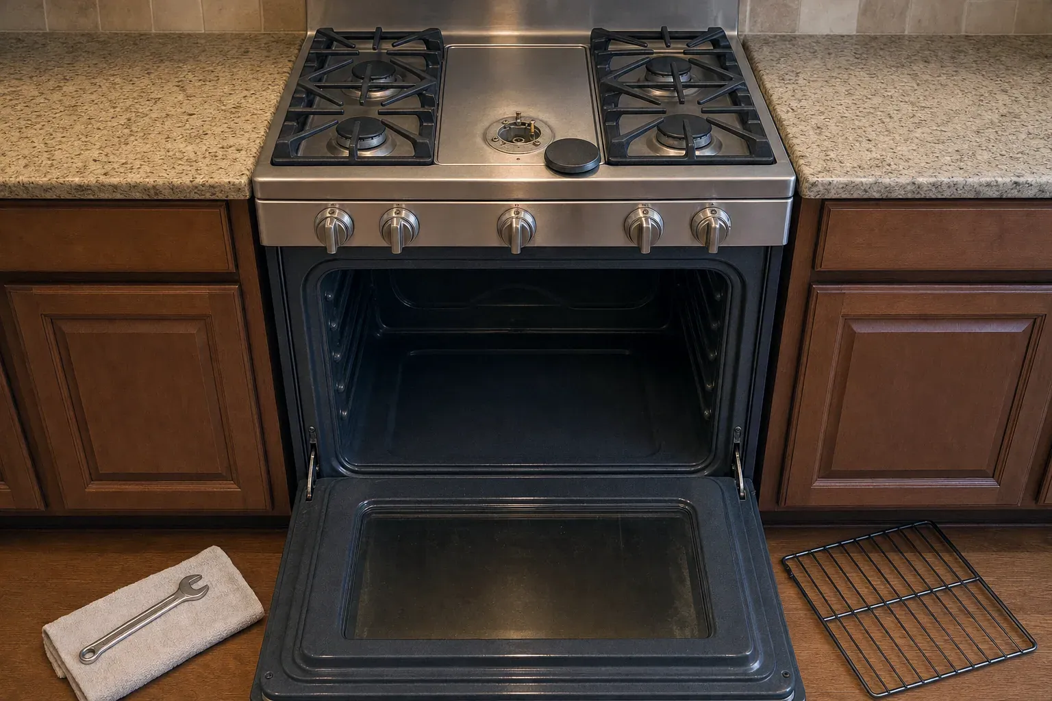 Gas range with center griddle and open empty oven