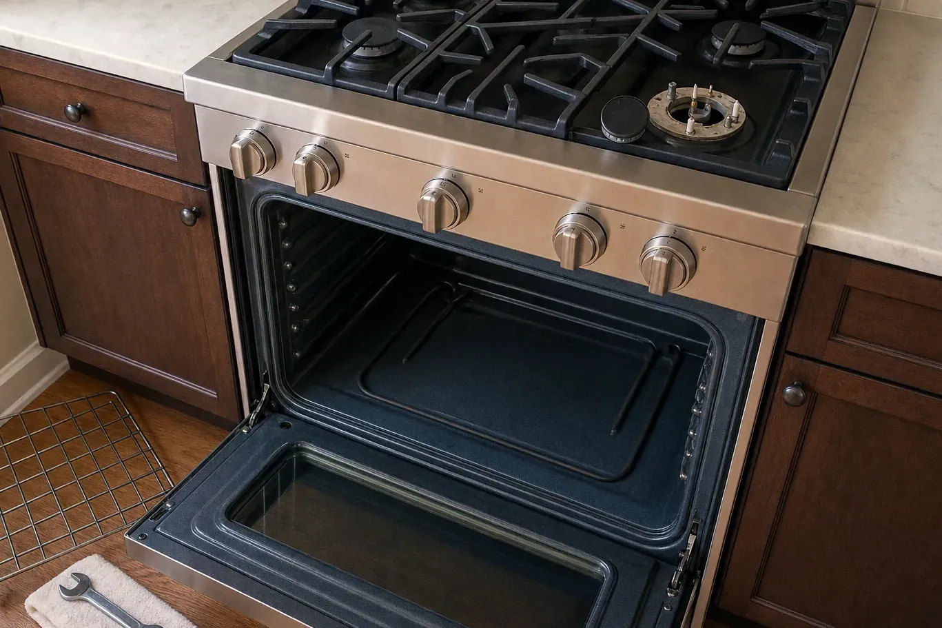 Stainless gas range, open oven, burner igniter exposed on cooktop