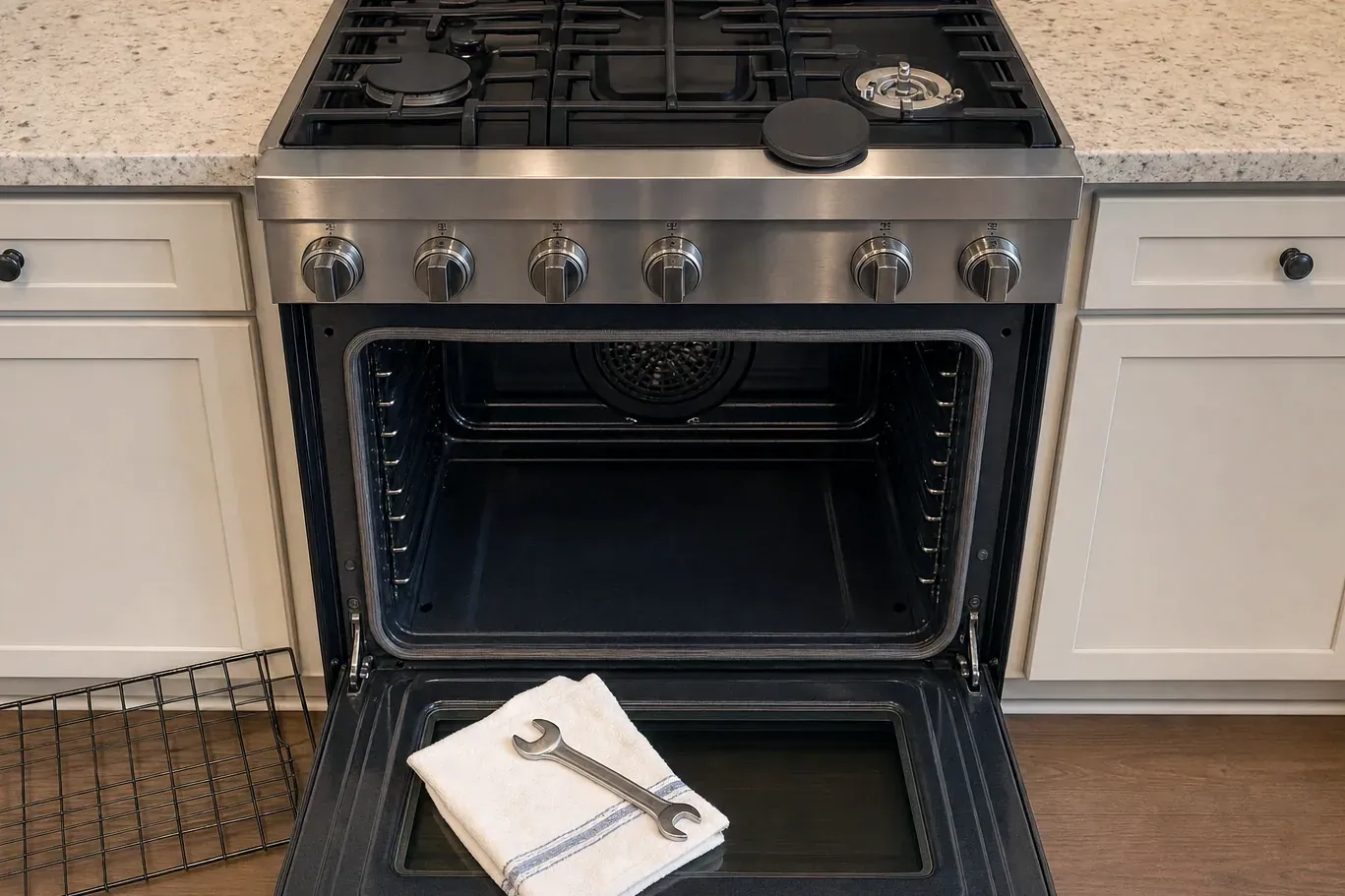 Open oven cavity with racks out, towel and wrench on the door