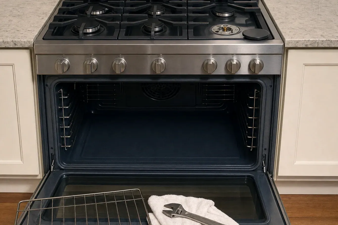 Wide gas range with open empty oven, rack and adjustable wrench on door