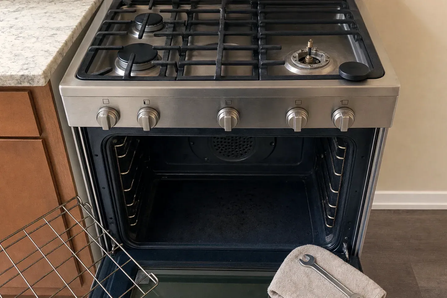 Gas range with burner cap removed and open oven cavity