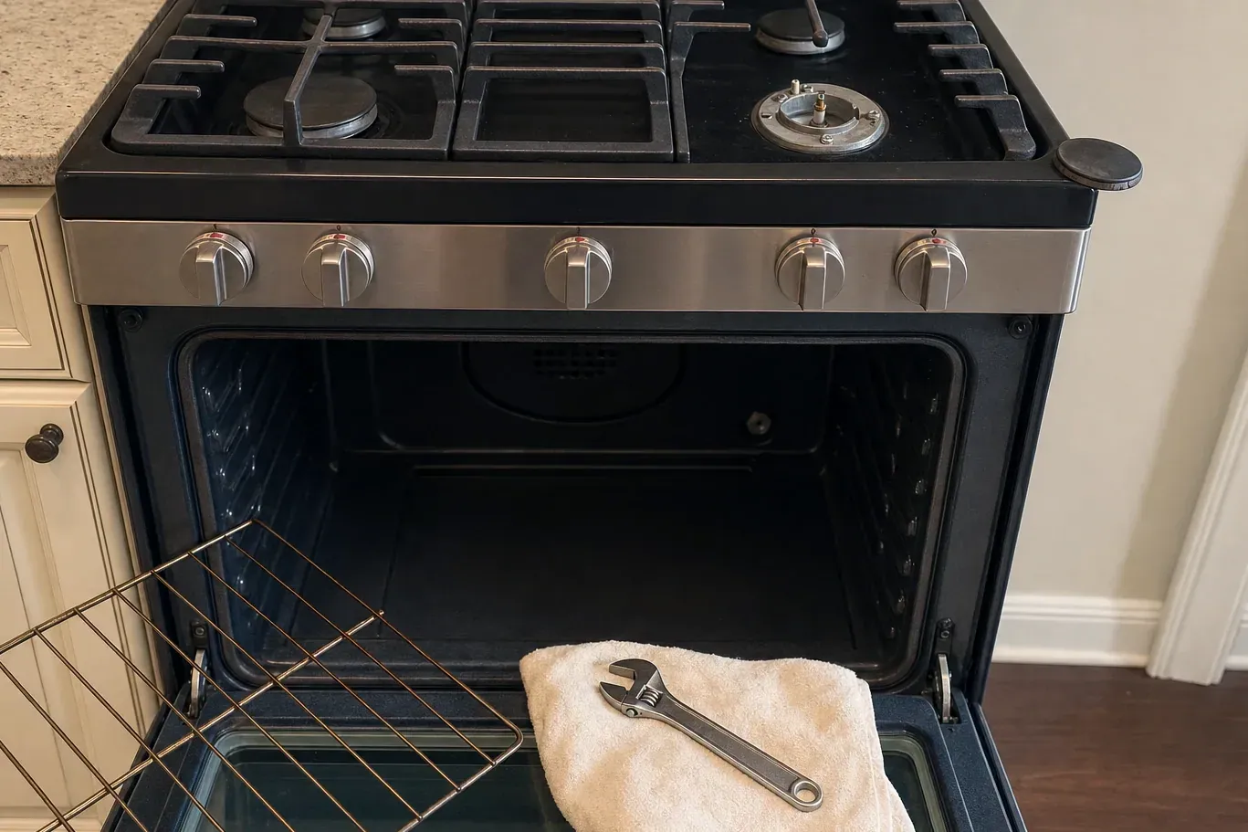 Open oven with racks pulled out and adjustable wrench on towel